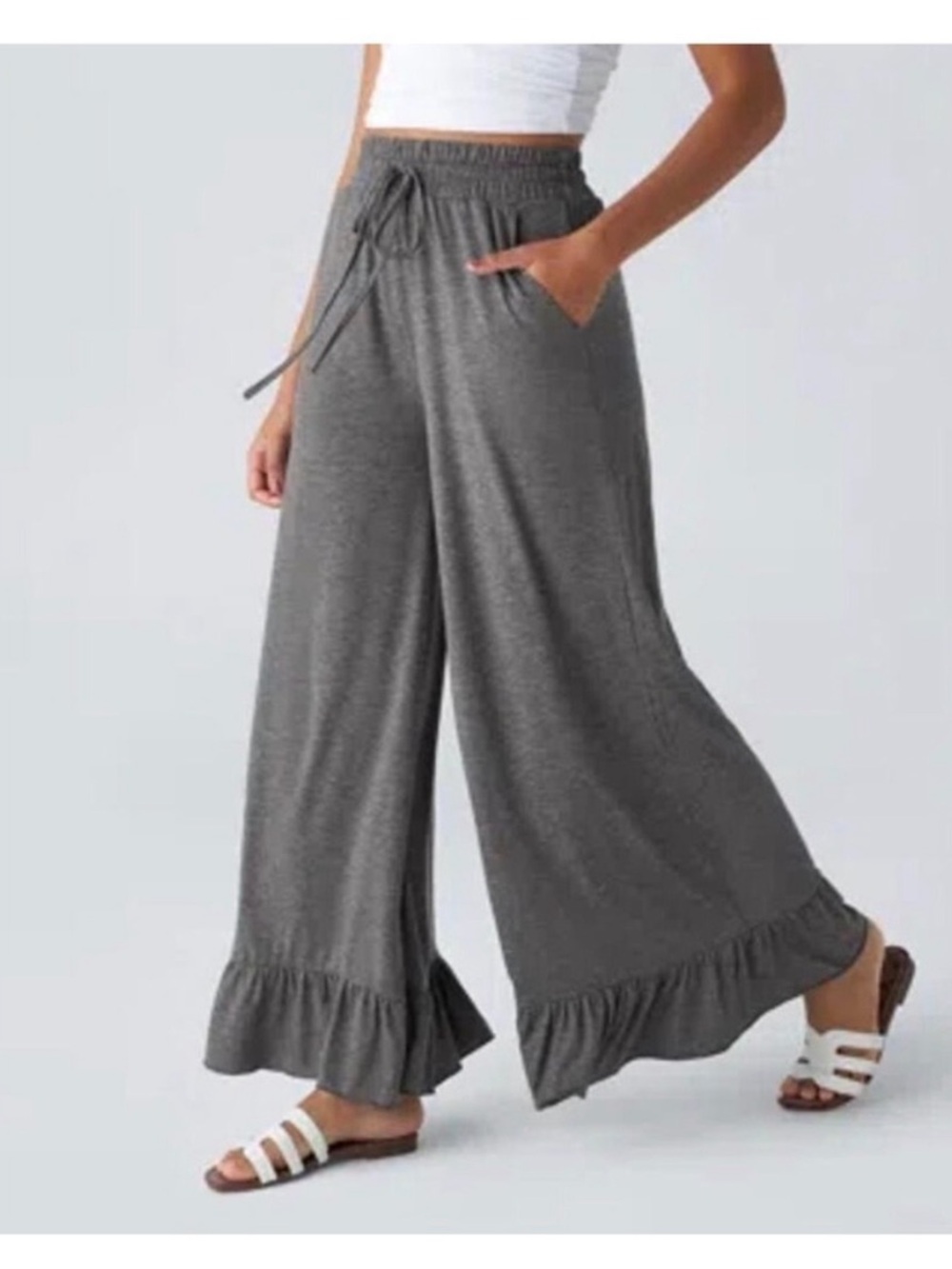 Halara Grey Wide Leg Lounge Pants Ruffle Trim Drawstring Sz  L